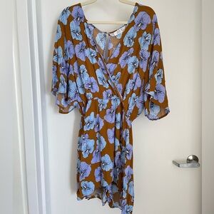 NWT fighting eel Ava sky Floral Wrap romper with Blue and Brown Pattern